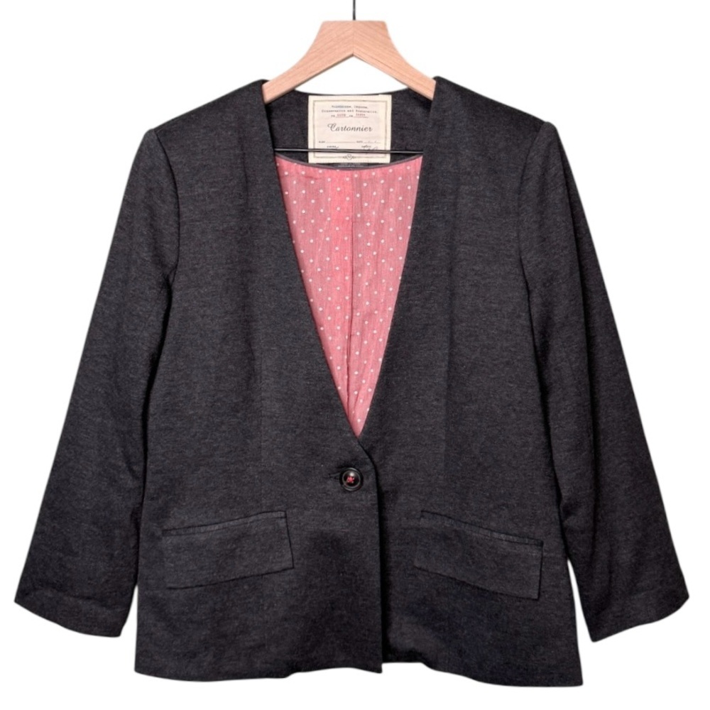 Anthropologie Cartonnier One Button Blazer Jacket Polka Dot Grey Pink Medium